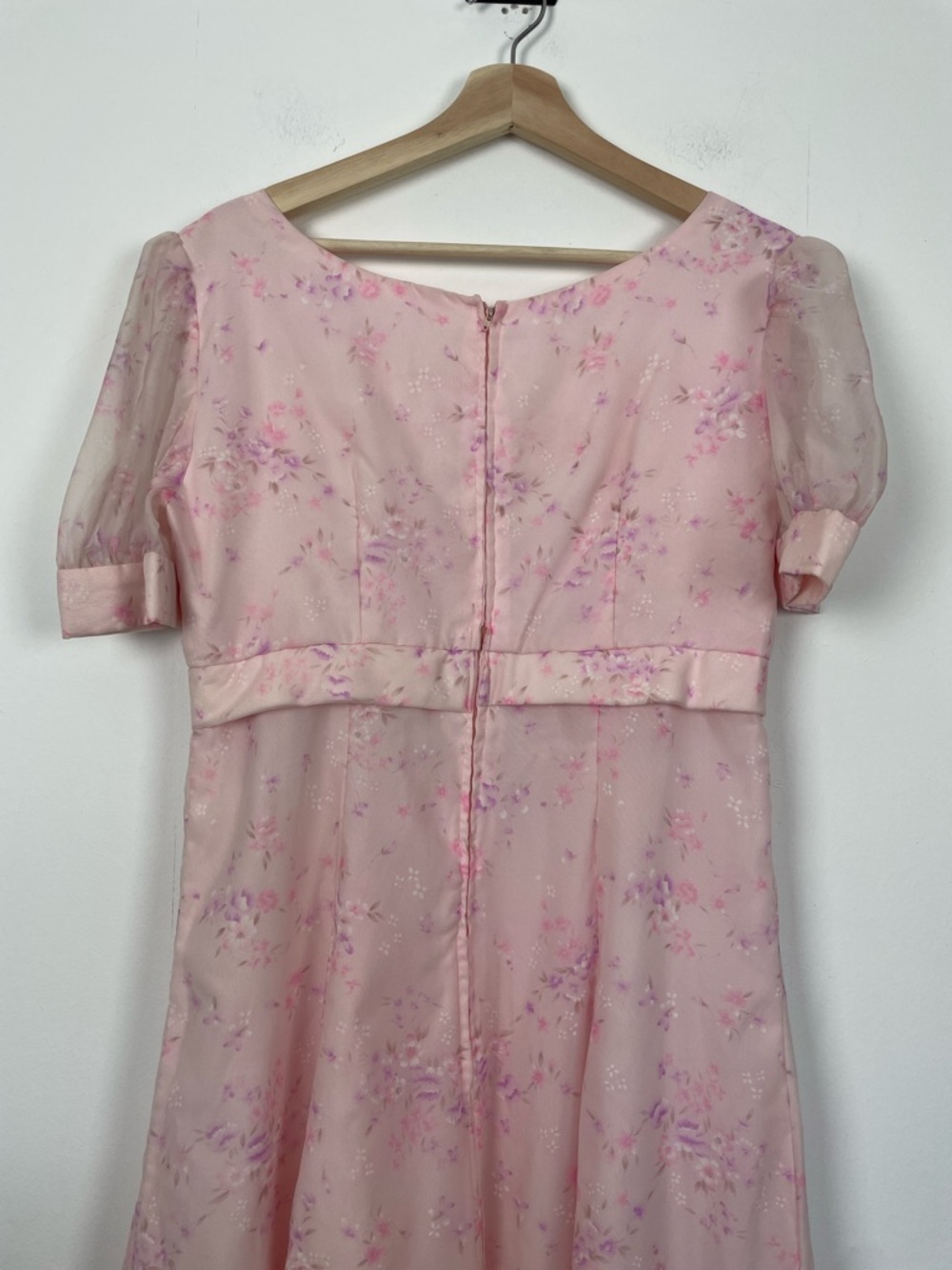 VTG Sheer Women's Lace Neckline Cottagecore Pink Floral Puff-Sleeve Maxi Dress - Picture 6 of 7